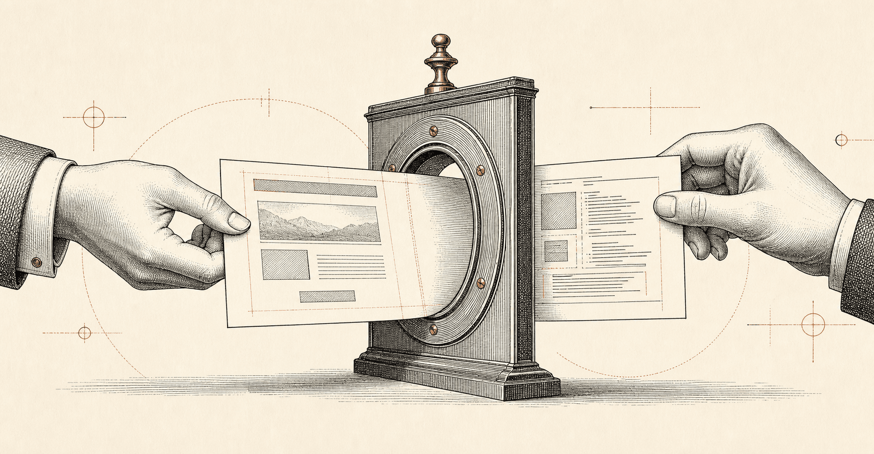 An engraved illustration of an email design being translated into code